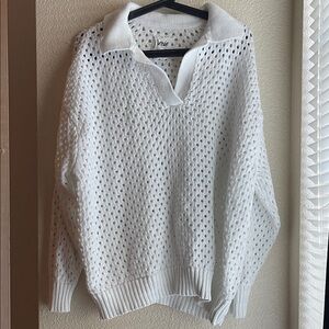 Aerie White Open-Knit V-Neck Sweater